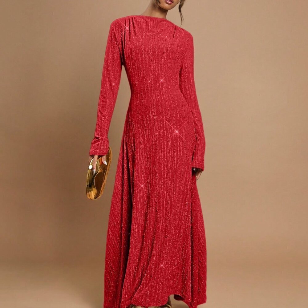 Red Party Women's Stand Collar Long Sleeve Sparkling Luxury Long Dress - Picture 3 of 5